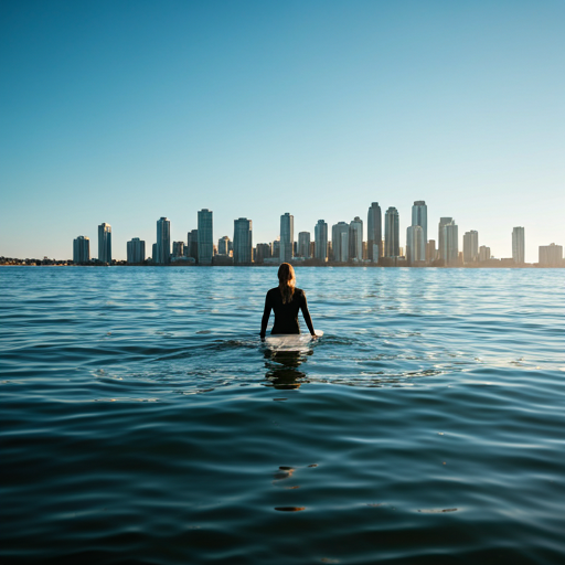 Solitary surfer sitting on board looking at a city skyline across the water