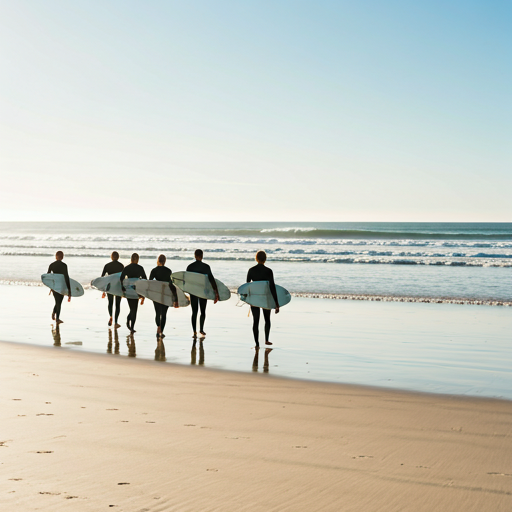 Group of surfers walking on beach