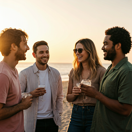 Group of friends laughing and talking at a sunset beach gathering